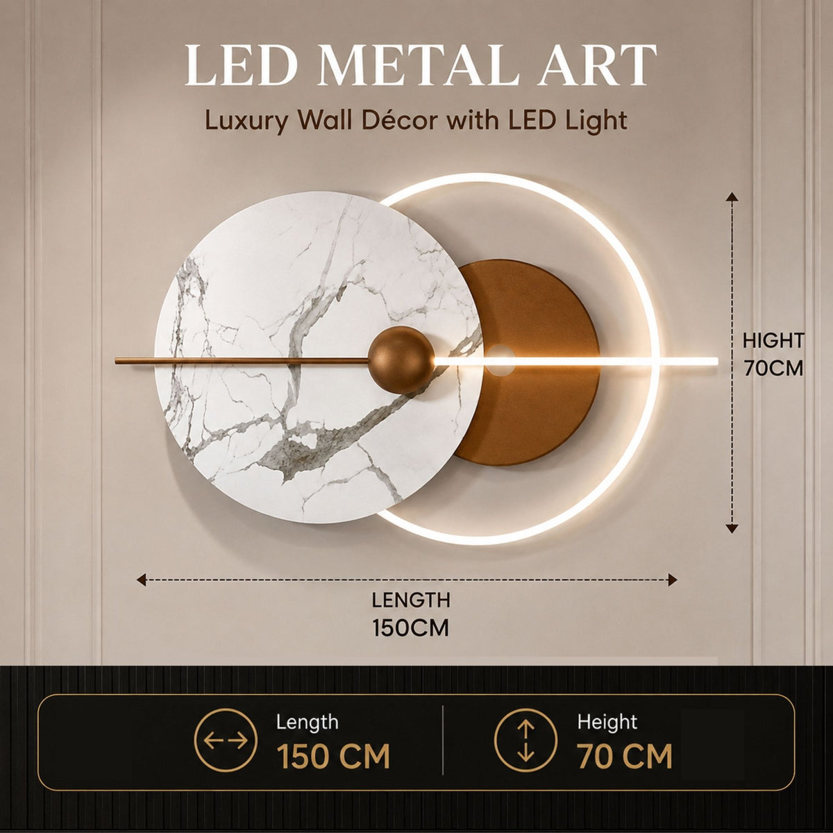 Metal Wall Art with LED - Size 150X70cm -Brown