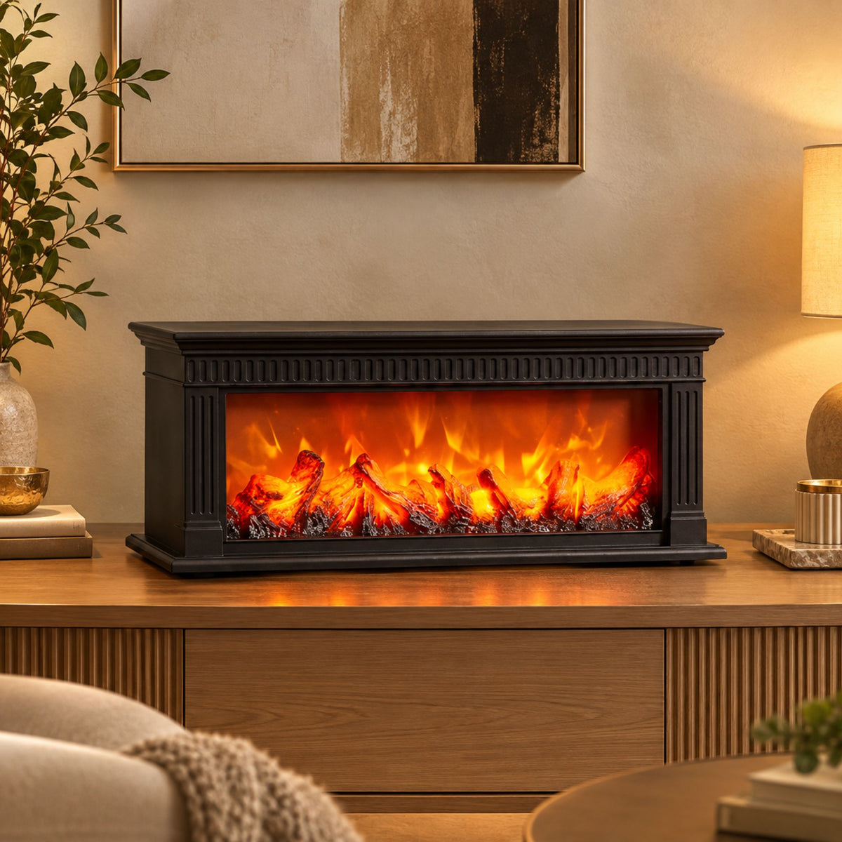 Modern Fluted LED Fireplace Lantern -Classic Black | Size: 64x12x20 cm