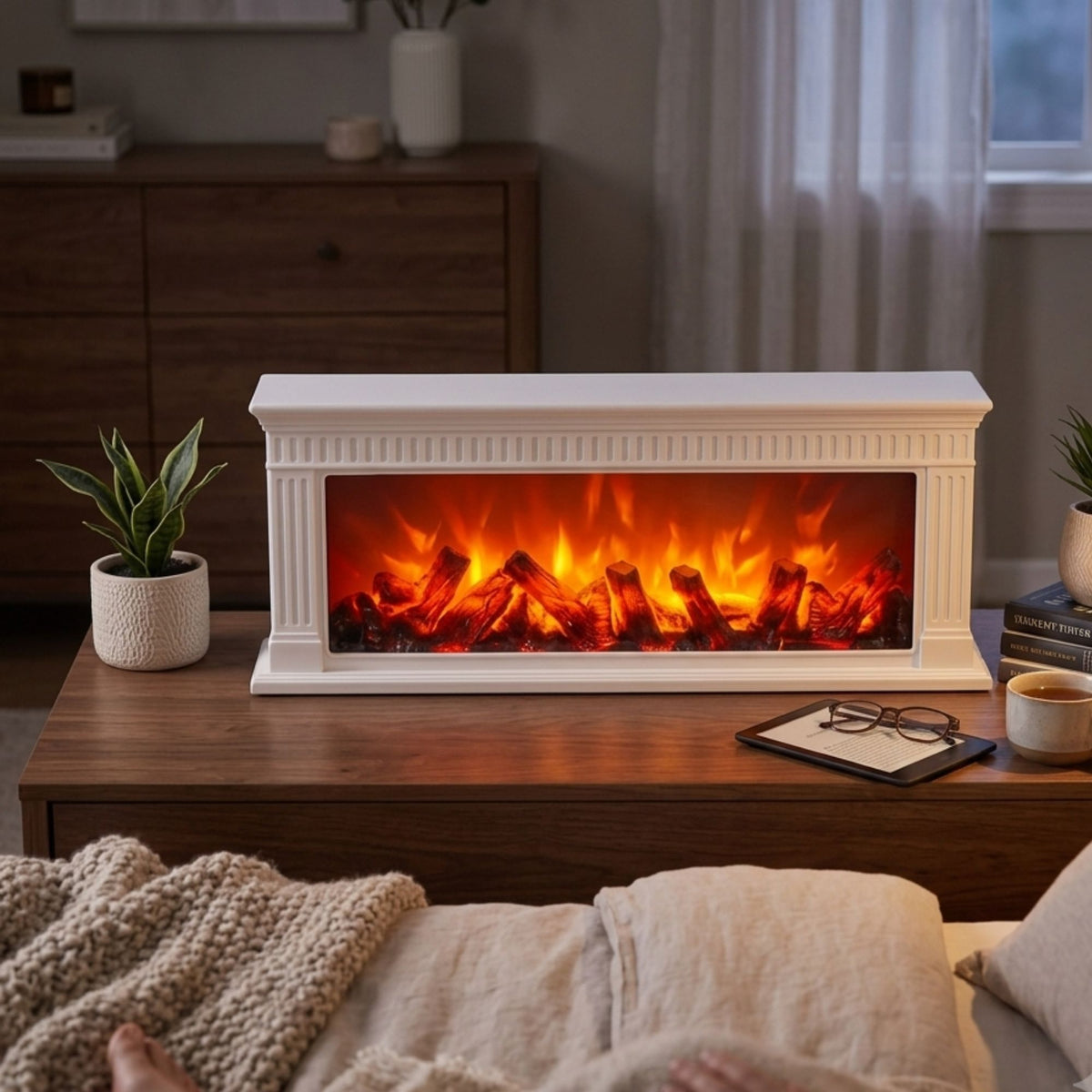 Modern Fluted LED Fireplace Lantern Size: 64x20x12 cm – Classic White Pillar