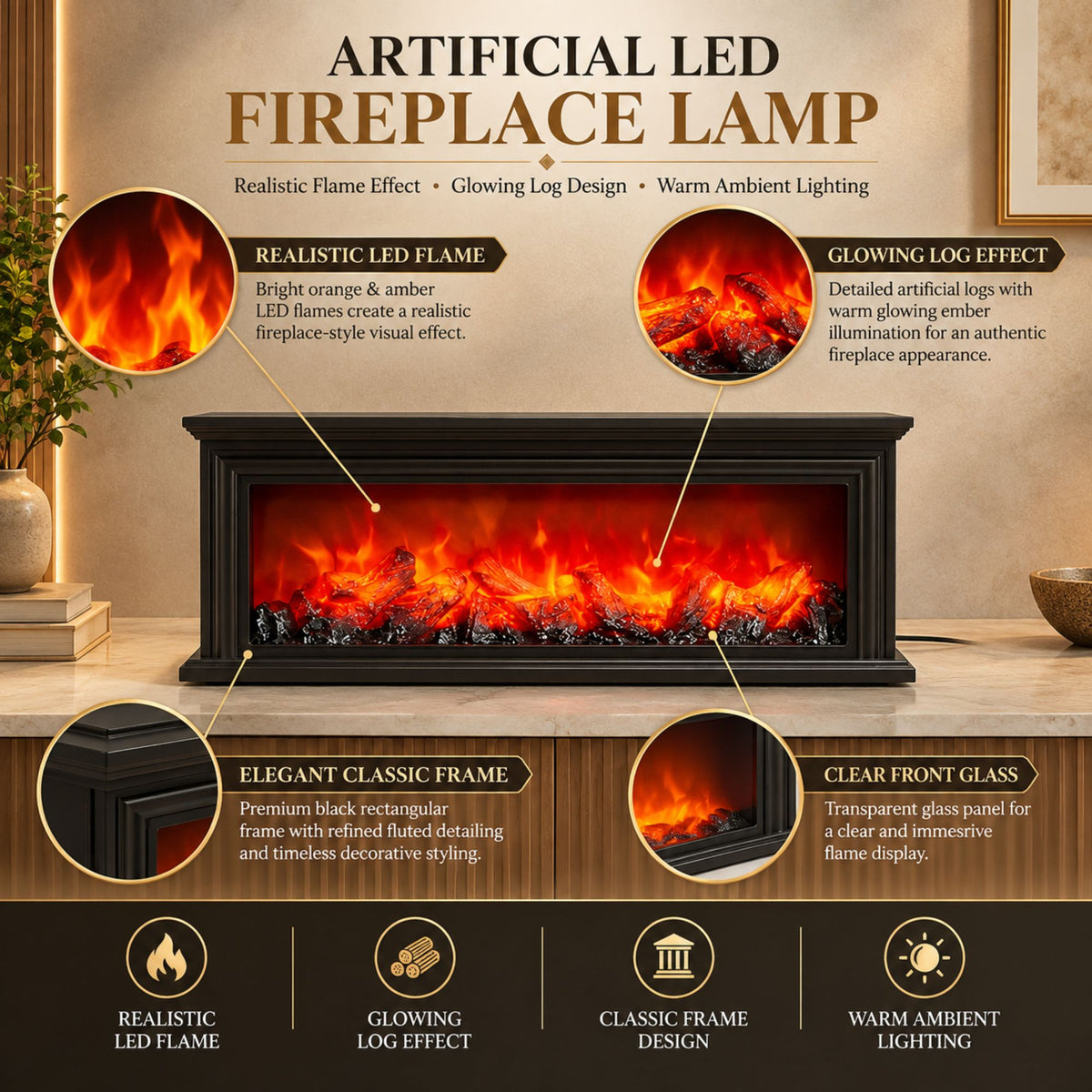 Modern Fluted LED Fireplace Lantern Light Size: 63x21x11 cm -Black