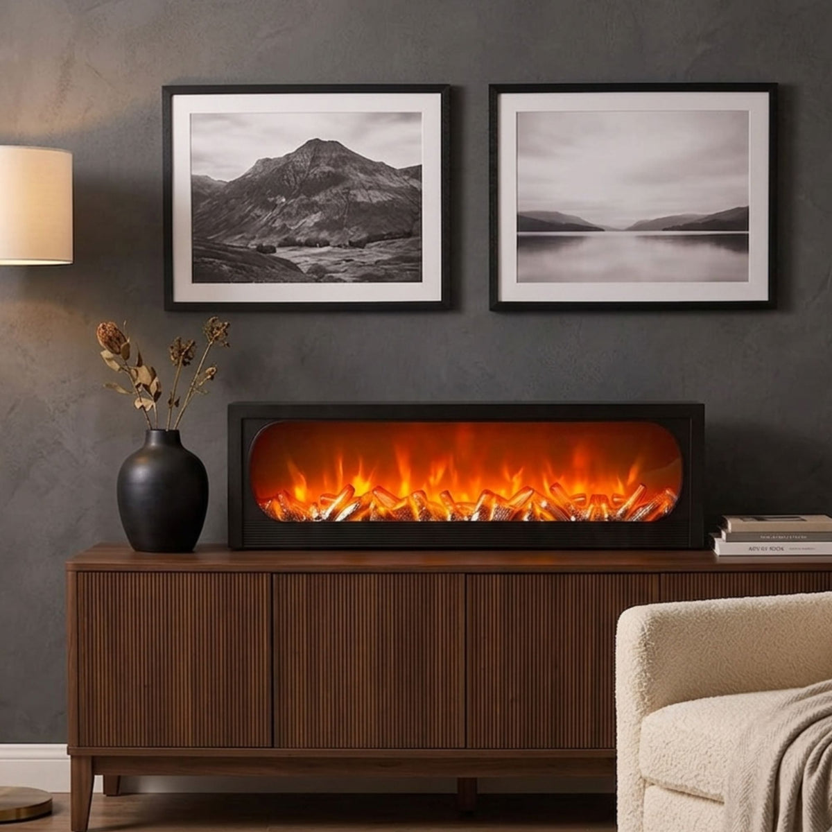 Modern LED Fireplace Light Lantern Size: 121x36x13 cm- Oval-Window Black