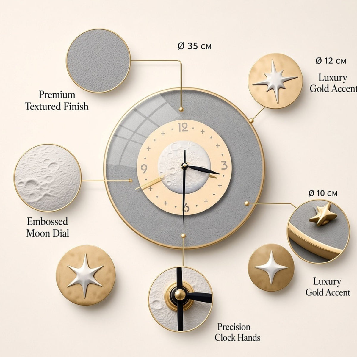 Relife Metal Wall Clock Antique Decorative Size- 35cm, 12cm, 10 cm | Moon with 3 Star