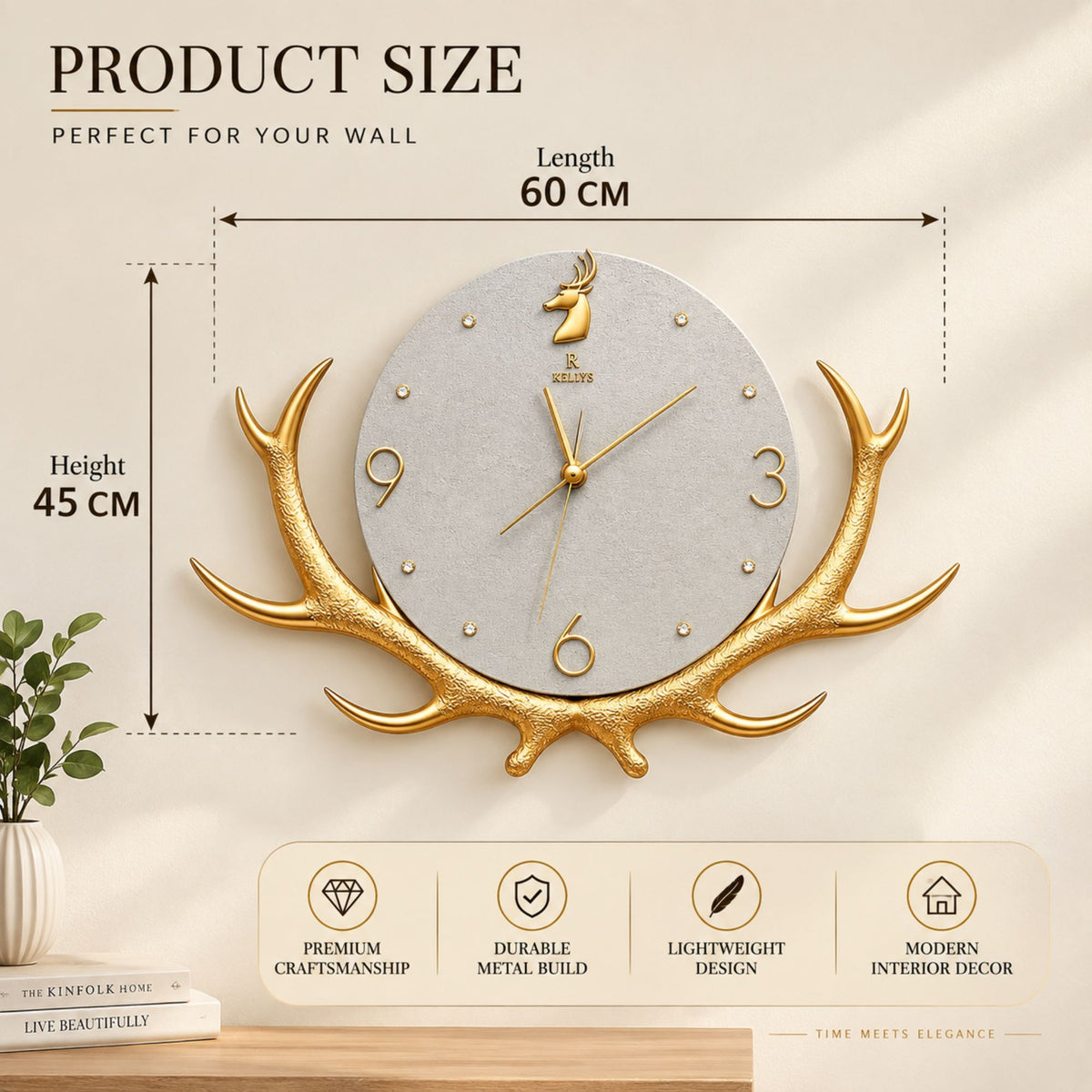 Relife Metal Wall Clock Antique Decorative Size- 60X45X1 cm | Horn White
