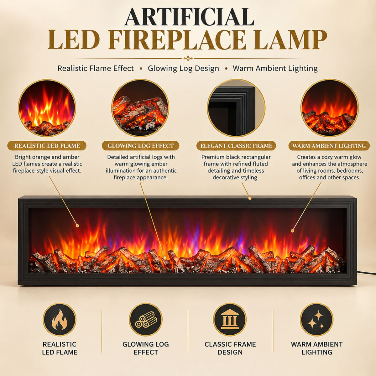 Modern Multicolor LED Fireplace Lantern with Remote Size: 99x28x12 cm- Black Multicolor