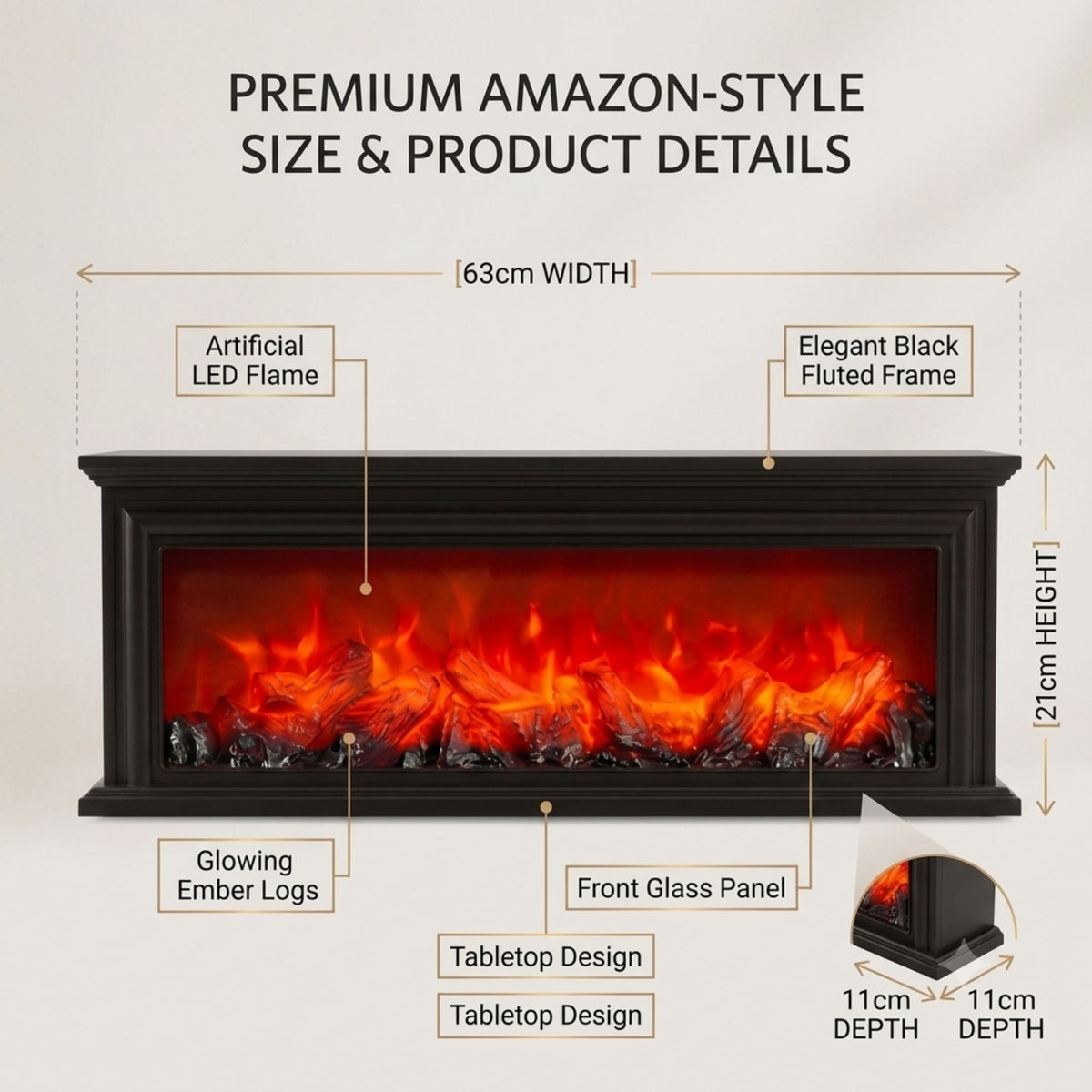 Modern Fluted LED Fireplace Lantern Light Size: 63x21x11 cm -Black