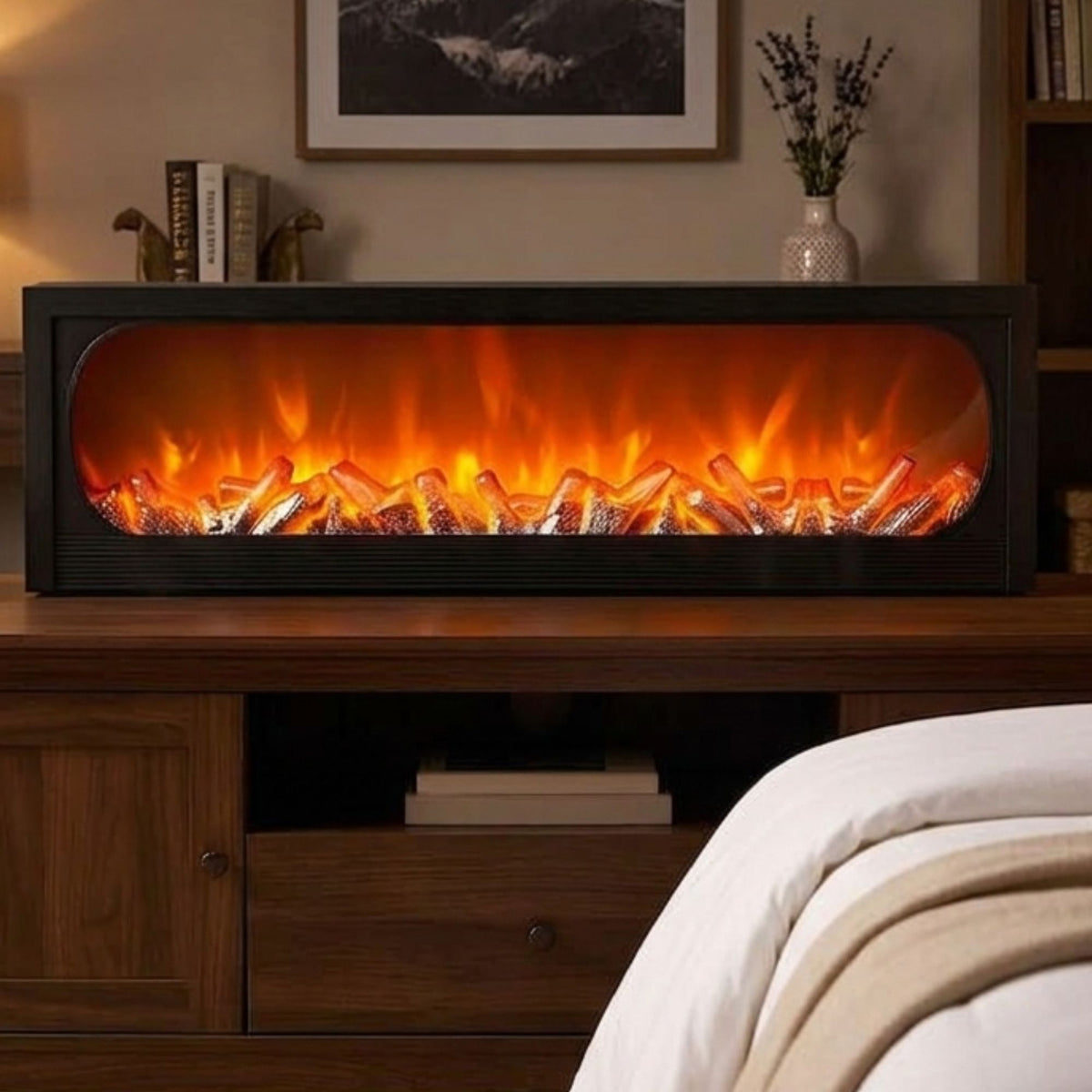 Modern LED Fireplace Light Lantern Size: 121x36x13 cm- Oval-Window Black
