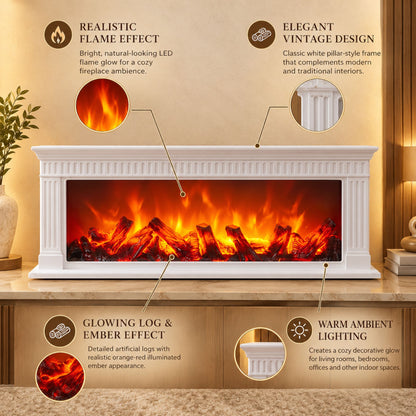 Modern Fluted LED Fireplace Lantern Size: 64x20x12 cm – Classic White Pillar