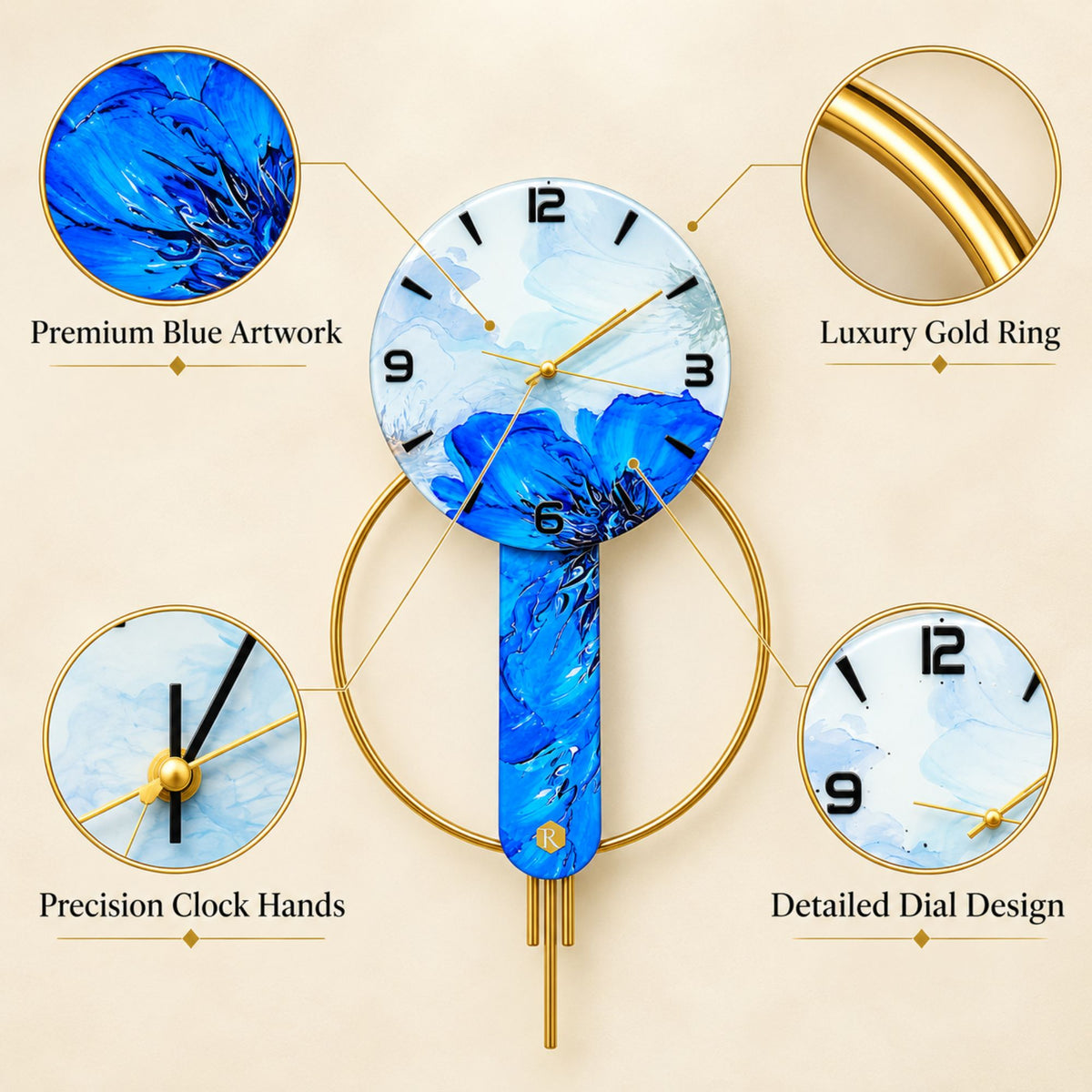 Relife Metal Wall Clock Antique Decorative Size- 60X60 cm | Blue Flower