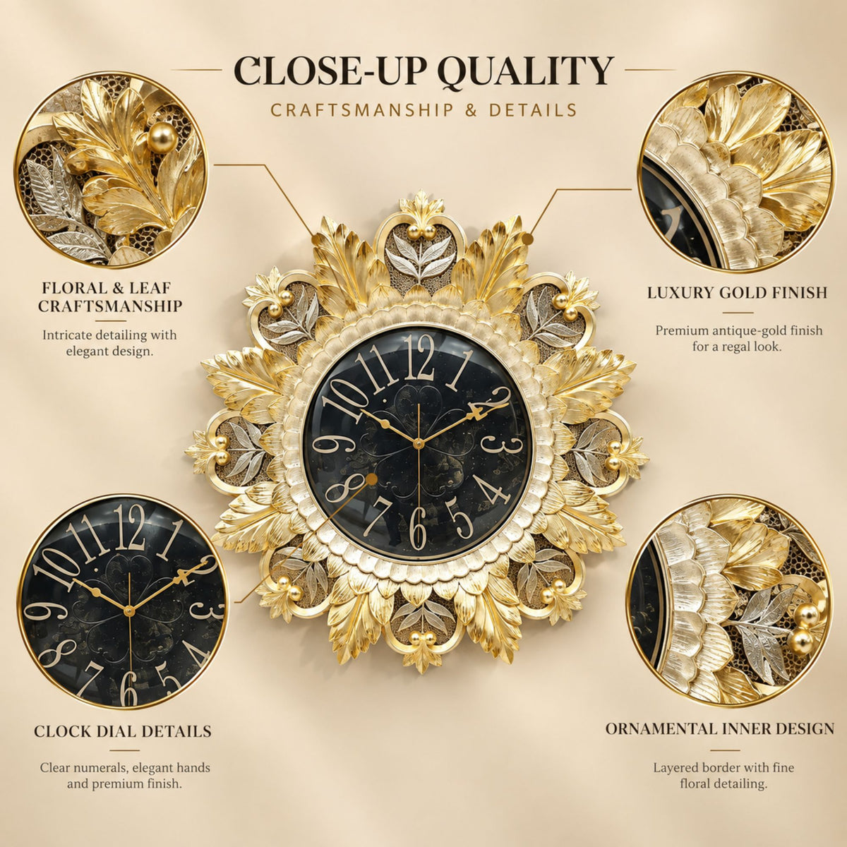 Relife Metal Wall Clock Antique Decorative Size- 59X59X1 cm | Royal Gold