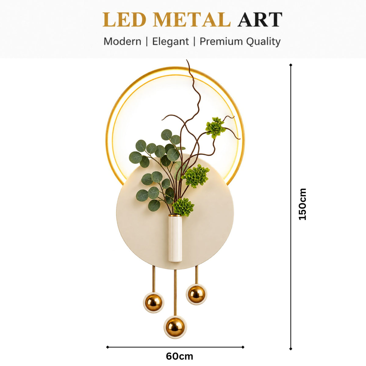 Metal Wall Art with LED - Size 150X60cm -Eucalyptus Plant Art