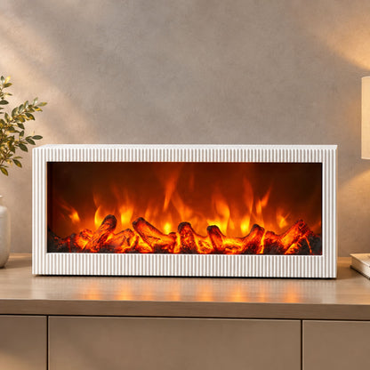 Modern Fluted LED Fireplace Light – Rectangular Tabletop Flame Effect Lamp with Glowing Logs-LED Fireplace Lantern