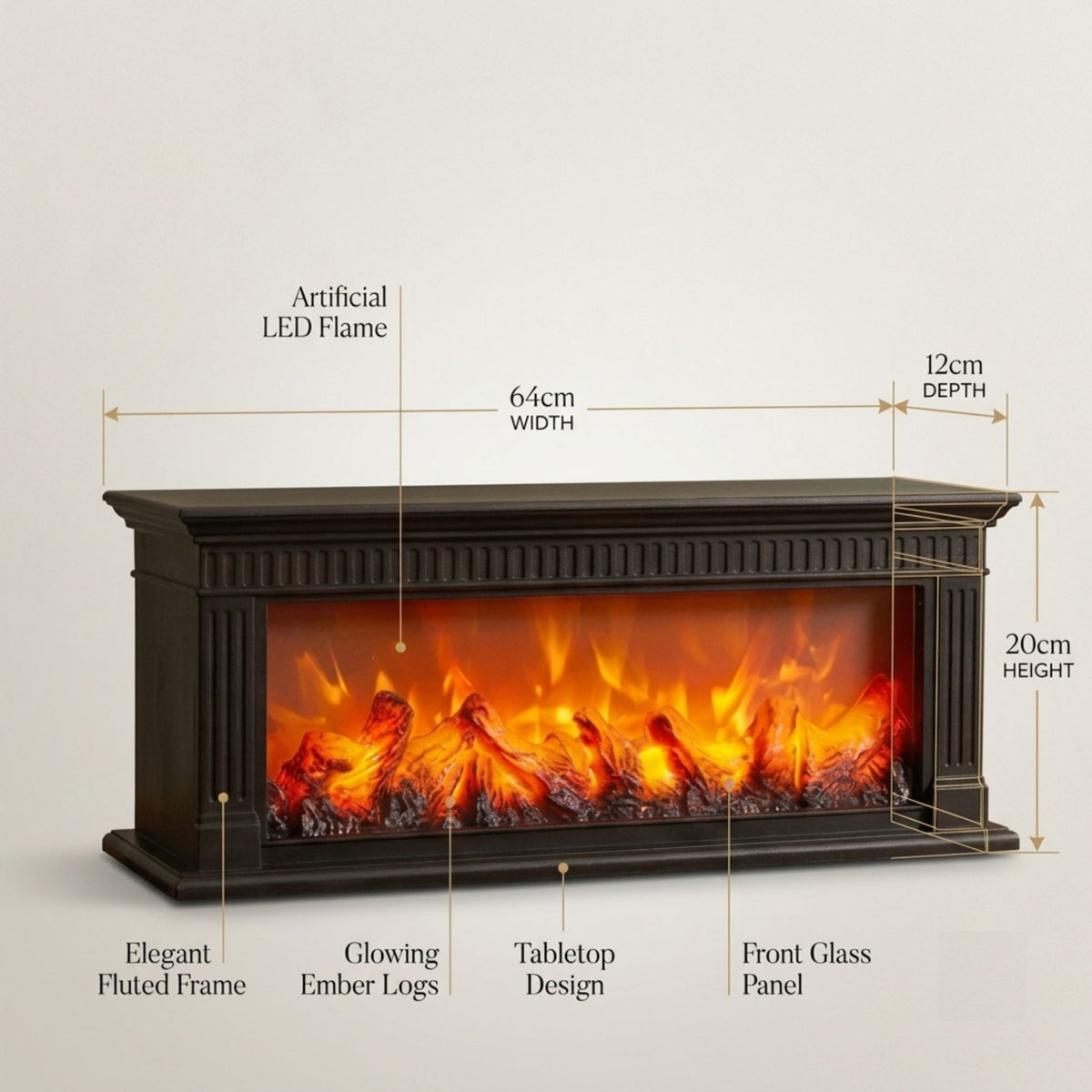 Modern Fluted LED Fireplace Lantern -Classic Black | Size: 64x12x20 cm