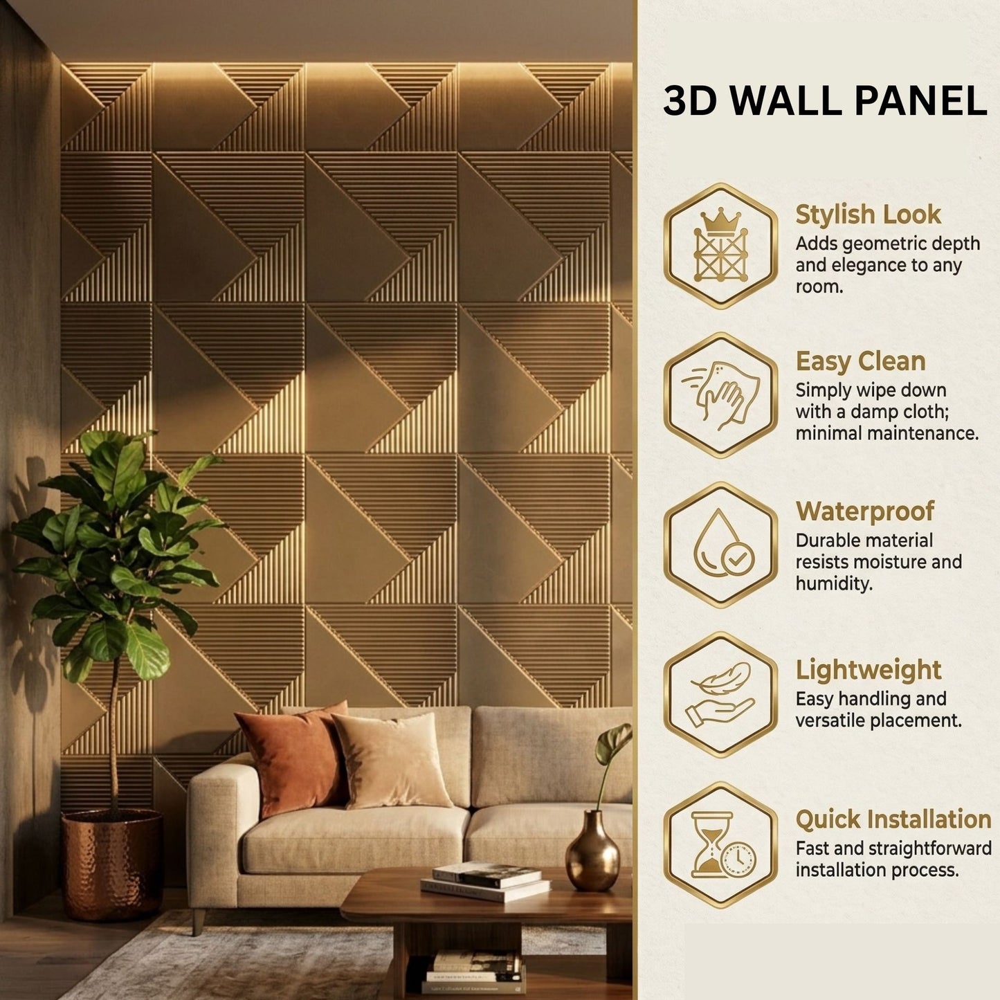 3D Wall Panels for Home Decor PVC Plaina Design 50X50 cm (Premium Metalic)