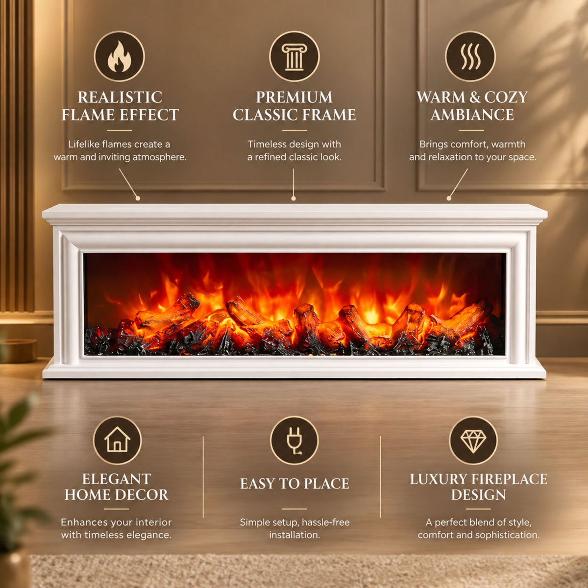 Modern LED Fireplace Lantern Light Size: 63x21x11 cm -Classic White
