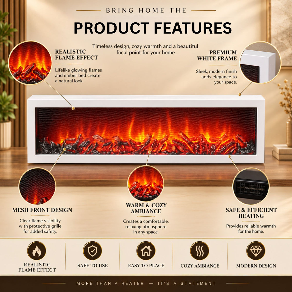 Modern LED Fireplace Lantern Light Size: 98x28x12 cm - White Mesh