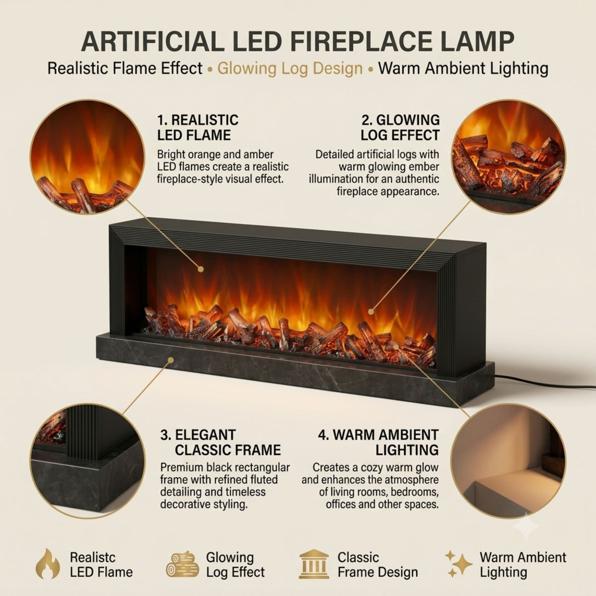 Modern Fireplace Light Lantern Size: 121x36x13 cm - Wide Black