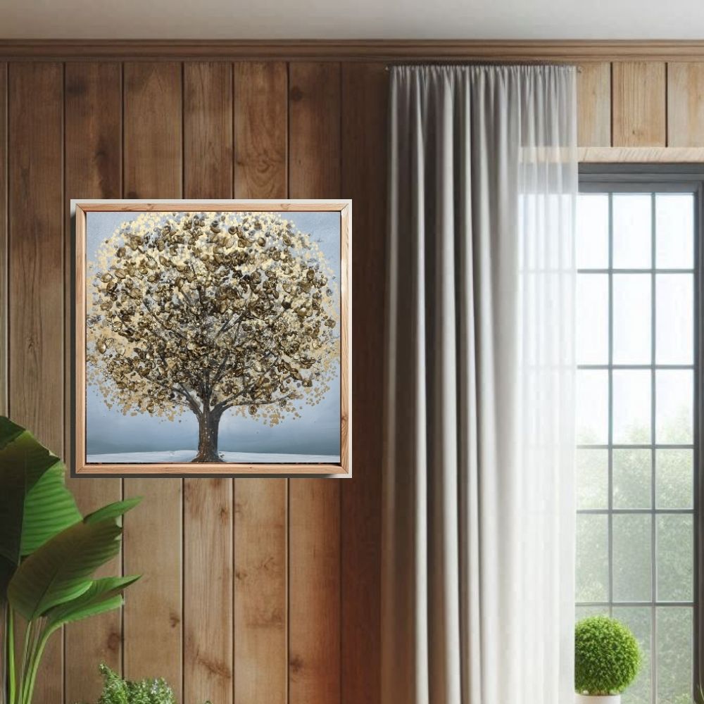 Handmade Embossed Canvas Art Painting With Wooden Frame for Wall Decor,  Golden Husk Tree Art, Size - 81 (H) X 81 (W) Cm