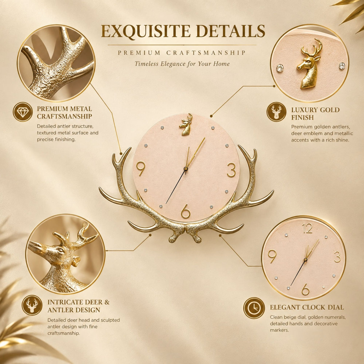 Relife Metal Wall Clock Antique Decorative Size- 60X45 cm | Deer Horn