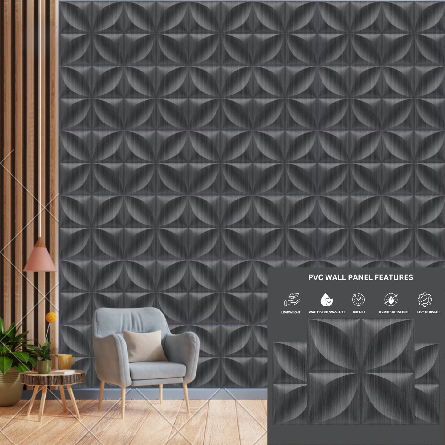 Gray Pine Wood 3D Wall Panels Butterfly Design