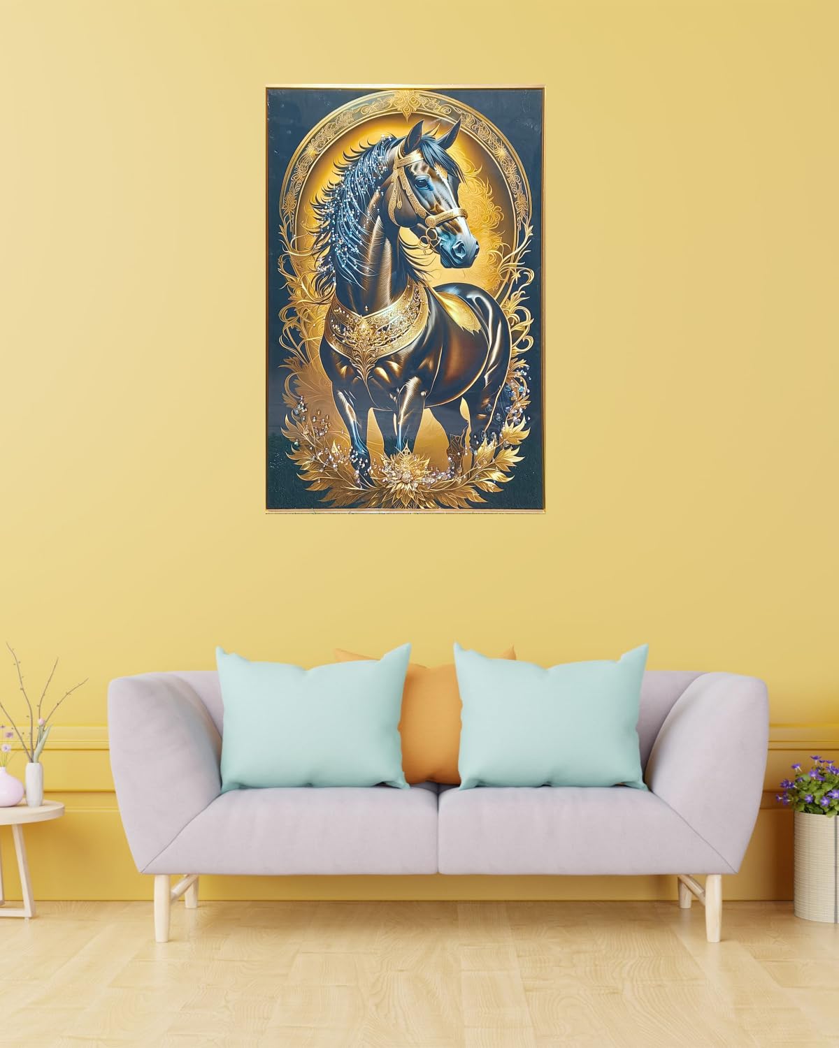 Crystal Painting for Wall Decoration with Golden Frame, Size 40 X 61 Cm- Crystal Black Horse