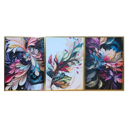 Crystal Painting for Wall Decoration with Golden Frame, Size- 41 X 61 Cm- Multicolor Flowers Design Set of 3