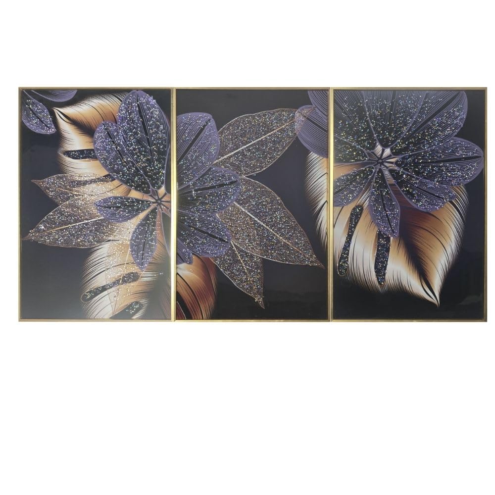 Crystal Painting for Wall Decoration with Golden Frame, Size- 41 X 61 Cm-  Crystal Flowers Design Set of 3