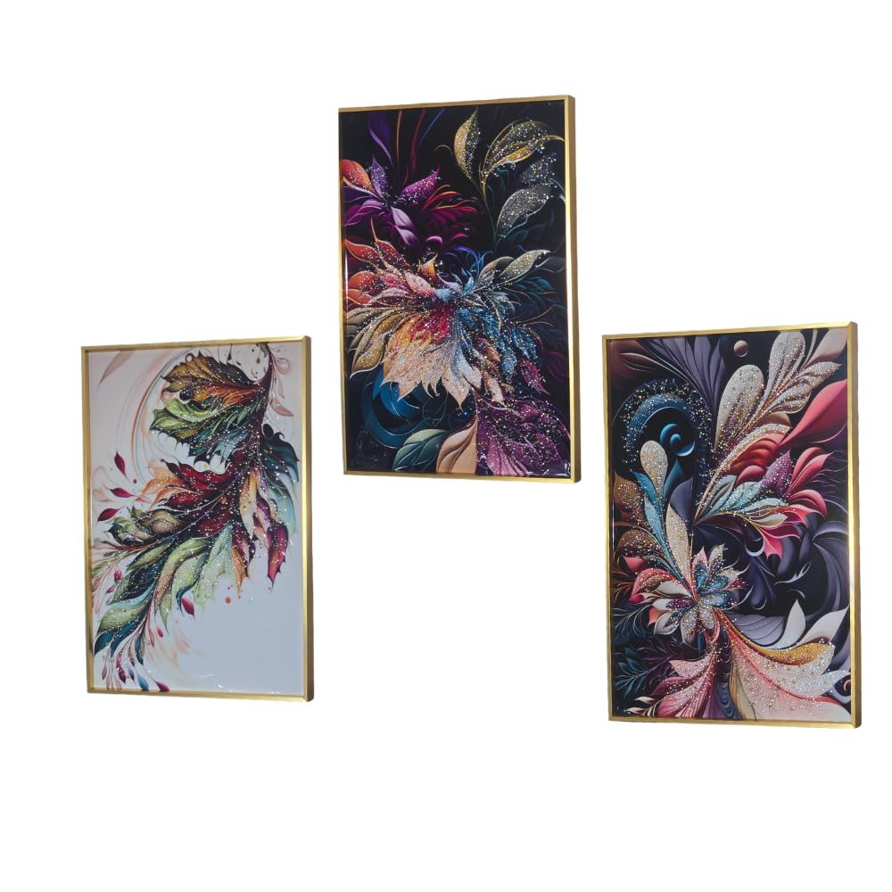 Crystal Painting for Wall Decoration with Golden Frame, Size- 41 X 61 Cm- Multicolor Flowers Design Set of 3