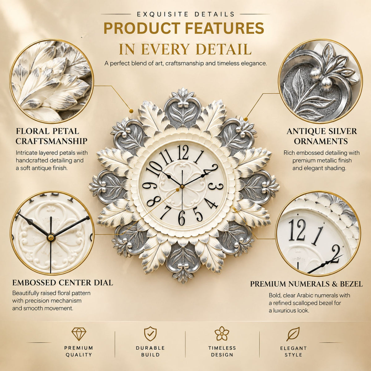 Relife Metal Wall Clock Antique Decorative Size- 59X59X1 cm | Royal Silver