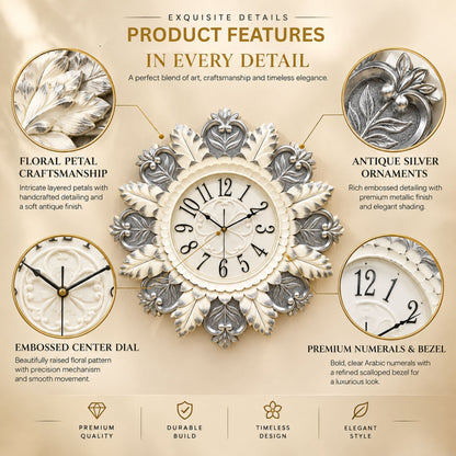 Relife Metal Wall Clock Antique Decorative Size- 59X59X1 cm | Royal Silver