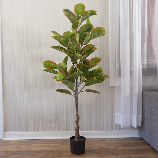 Artificial Rubber Plant - 3 Feet Faux Tree with Natural Feel Leaves