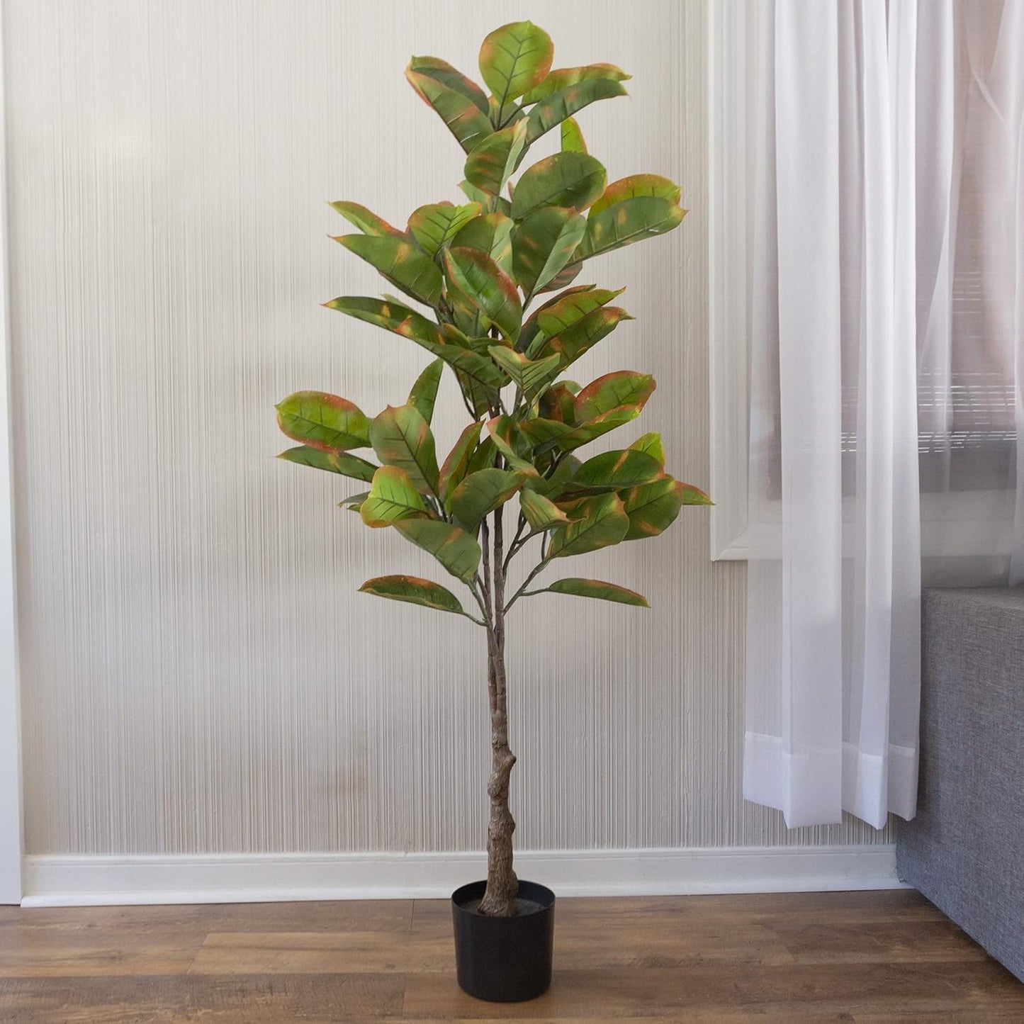 Artificial Rubber Plant - 4 Feet Faux Tree with Natural Feel Leaves