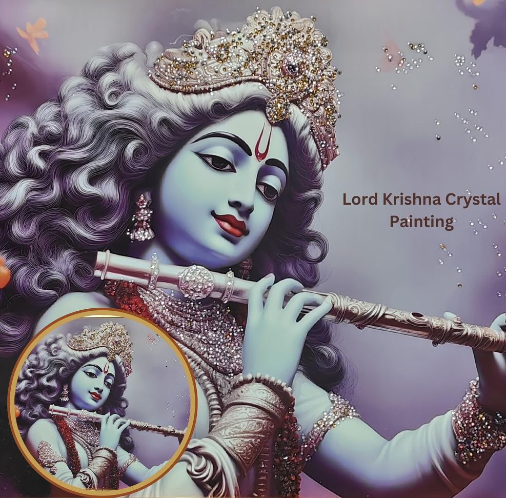 Crystal Painting for Wall Decoration with Golden Frame, Size- 61 X 91 Cm-  Crystal Krishna