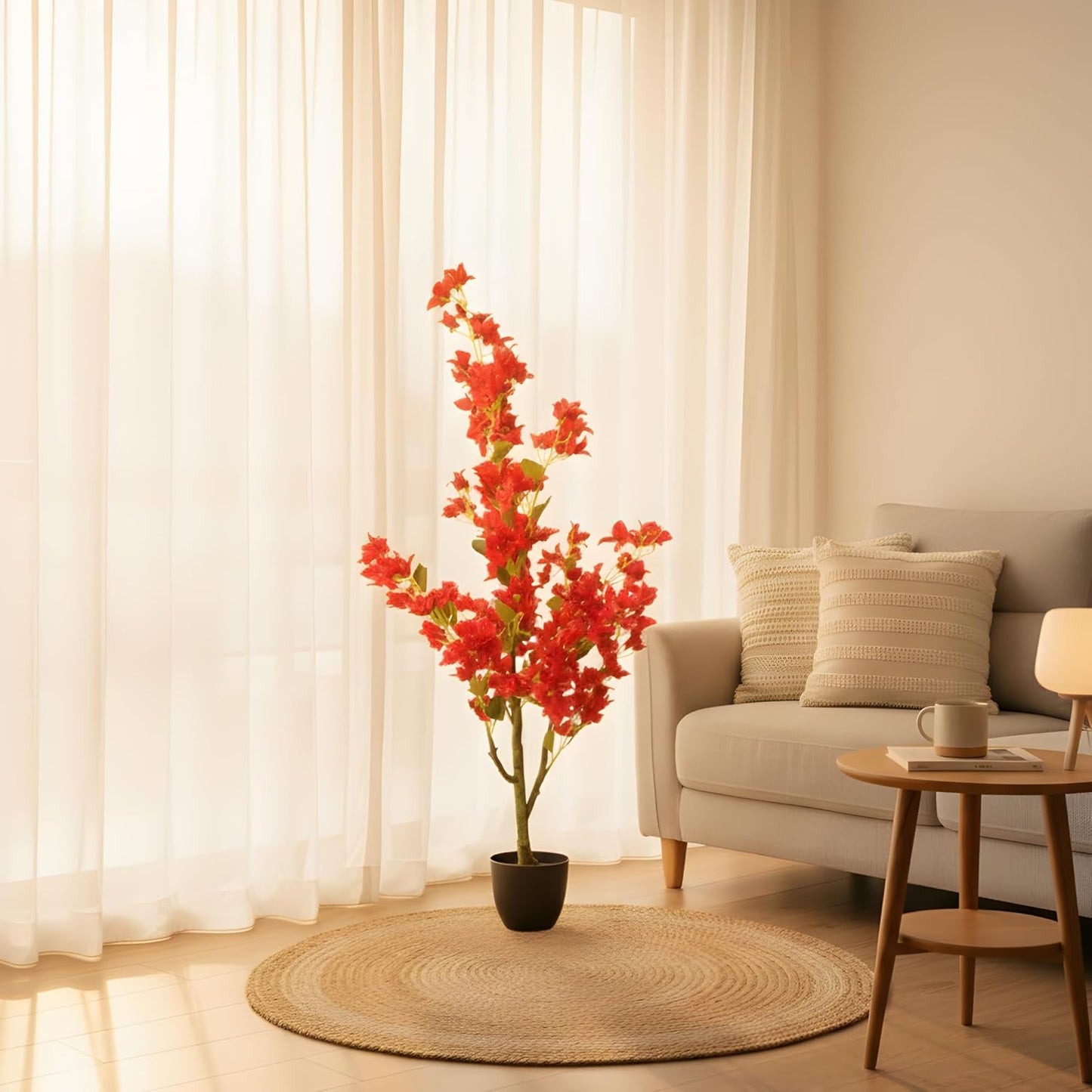 Artificial Cherry Bougainvillea Plant Realistic Faux Flowering Tree with Pot (Red)