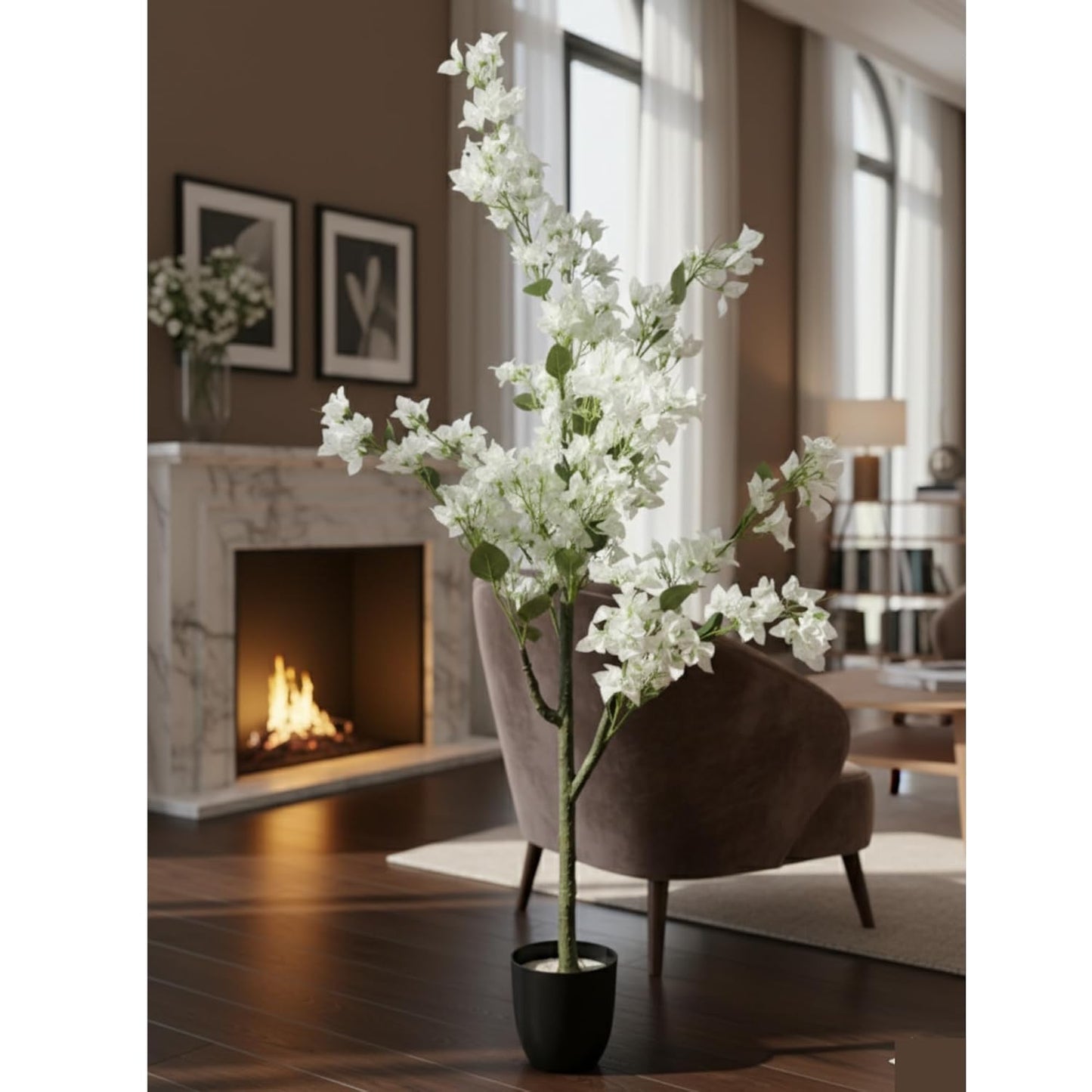 Artificial Cherry Bougainvillea Plant Realistic Faux Flowering Tree with Pot (White)