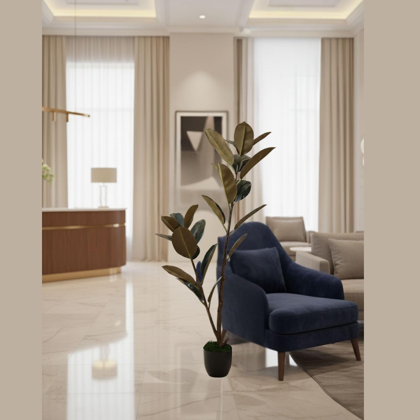 Artificial Rubber Plant Lush Green Ficus Elastica Tree with White Pot