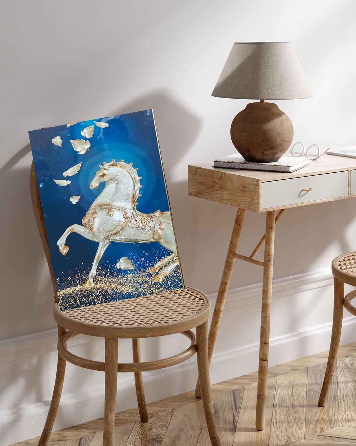 Crystal Painting for Wall Decoration with Golden Frame, Size 40 X 61 Cm-  Crystal White Horse