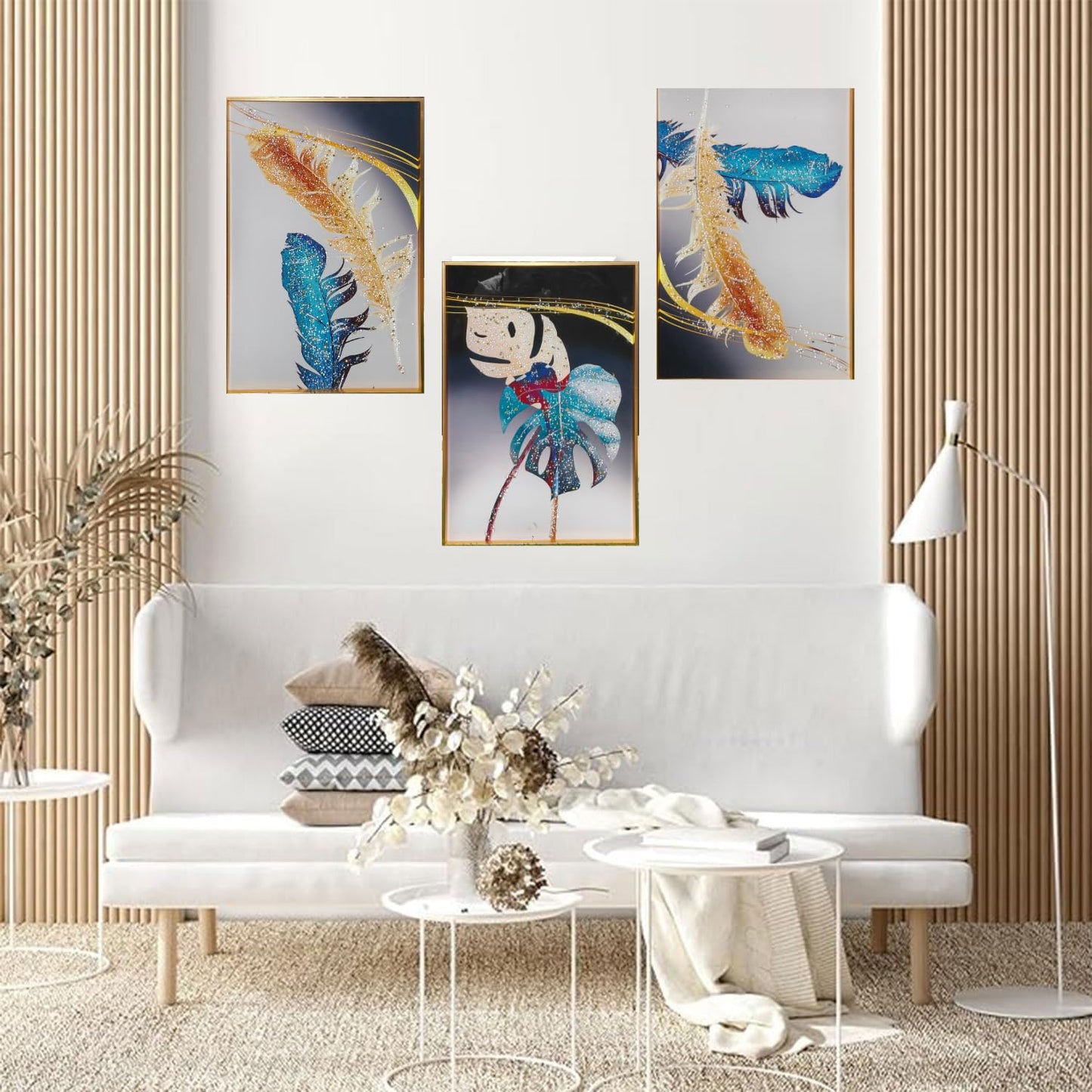 Crystal Painting for Wall Decoration with Golden Frame, Size- 41 X 61 Cm-  Crystal Feather Set of 3