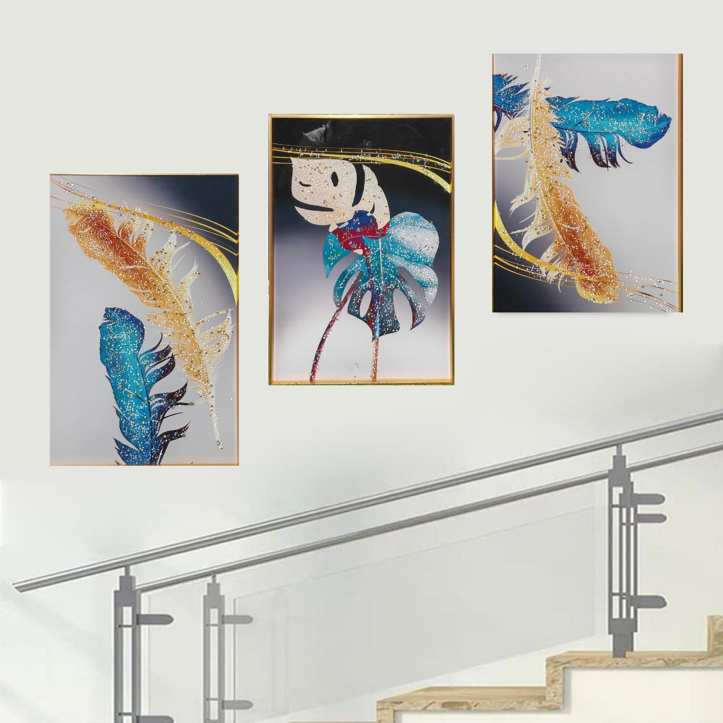 Crystal Painting for Wall Decoration with Golden Frame, Size- 41 X 61 Cm-  Crystal Feather Set of 3