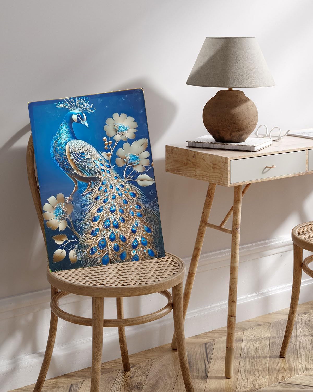 Crystal Painting for Wall Decoration with Golden Frame, Size 40 X 61 Cm- Crystal Peacock