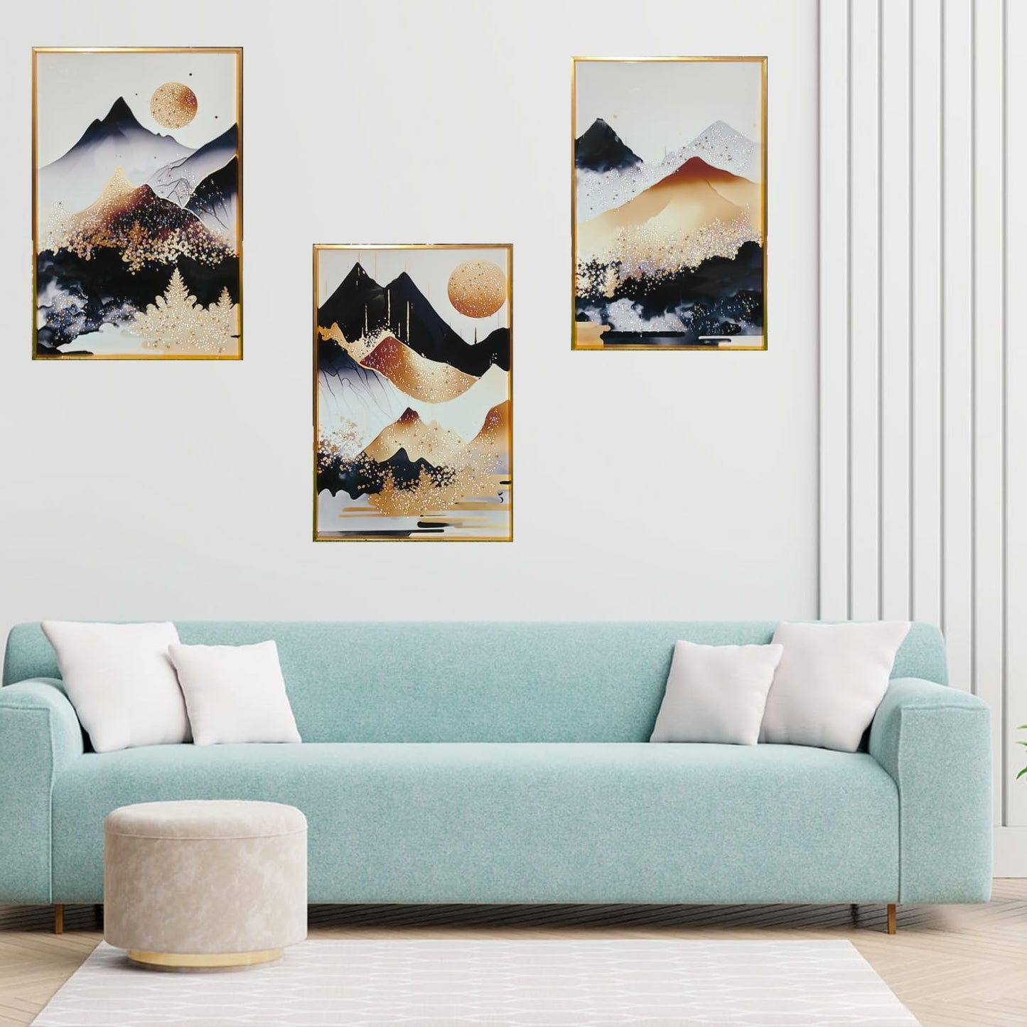 Crystal Painting for Wall Decoration with Golden Frame, Size- 41 X 61 Cm- Crystal Moon Mountains Set of 3