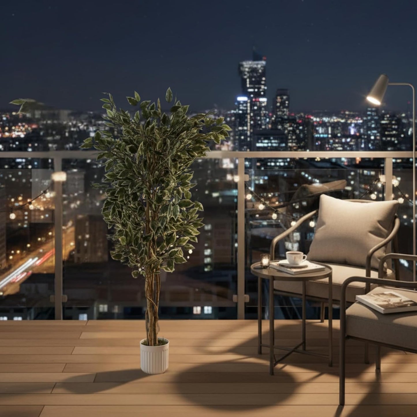 Artificial Ficus Plant Natural Wood Trunk & White-Edged Leaves with Pot