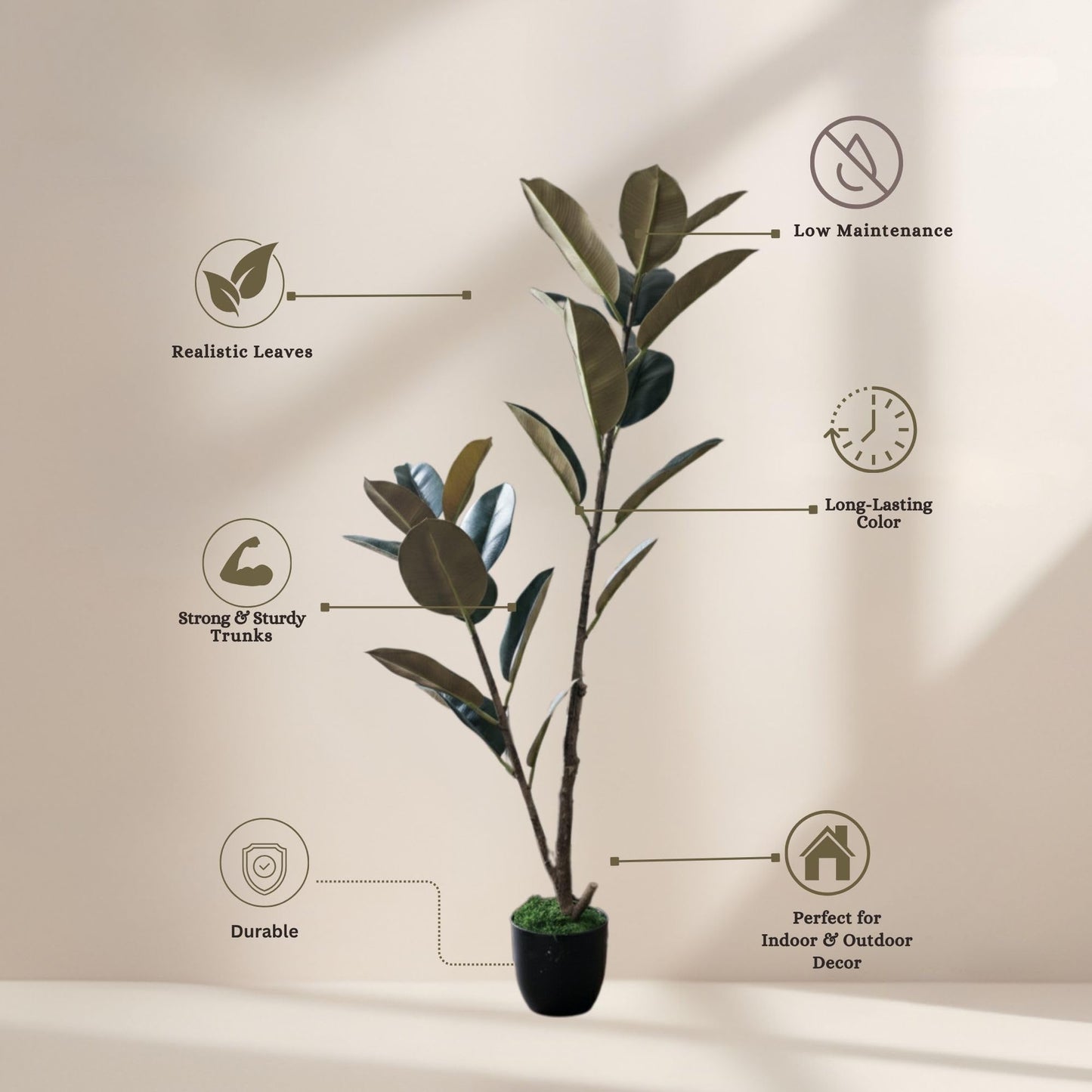 Artificial Rubber Plant Lush Green Ficus Elastica Tree with White Pot