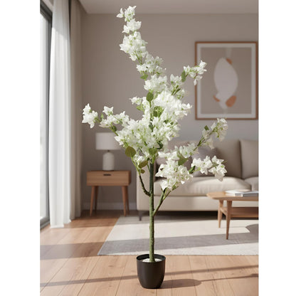 Artificial Cherry Bougainvillea Plant Realistic Faux Flowering Tree with Pot (White)