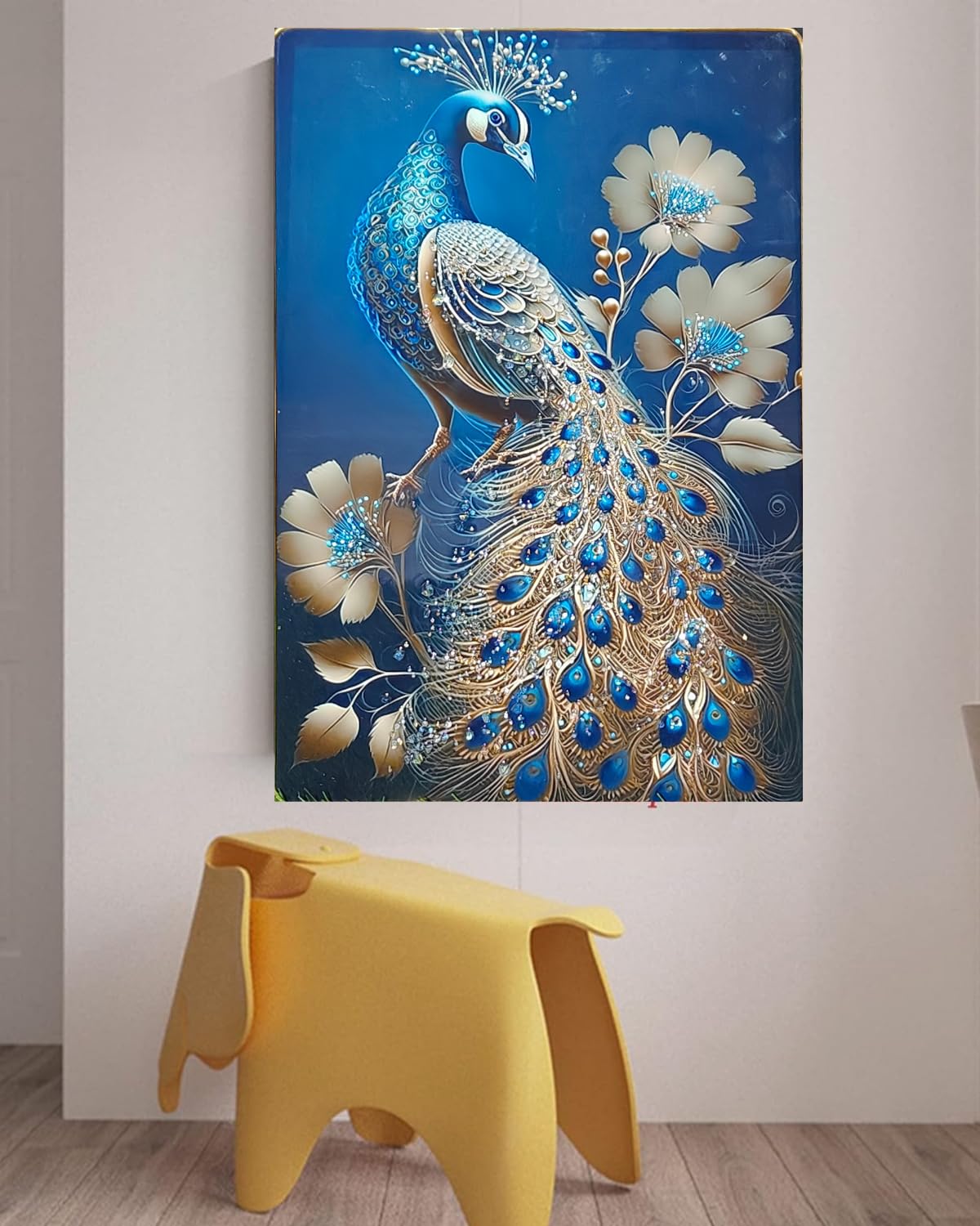 Crystal Painting for Wall Decoration with Golden Frame, Size 40 X 61 Cm- Crystal Peacock