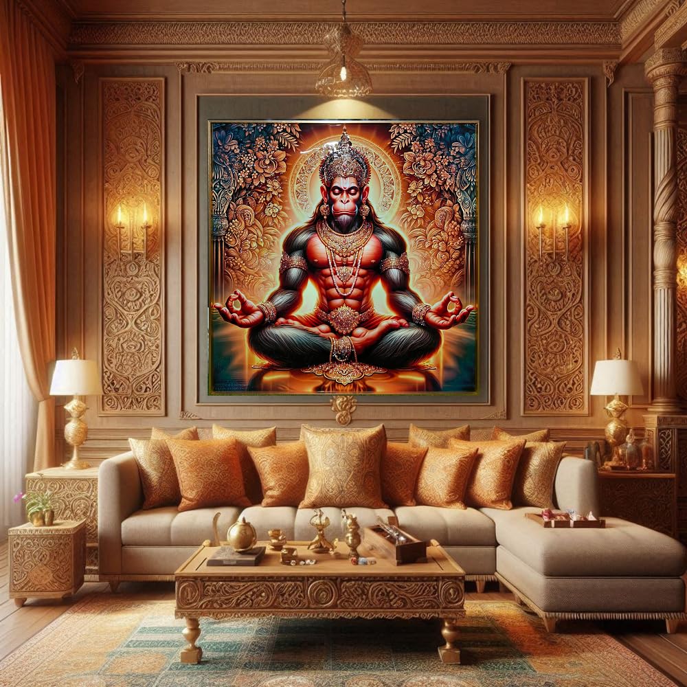 Crystal Painting for Wall Decoration with Golden Frame, Size- 81 X 81 Cm- Crystal Hanuman