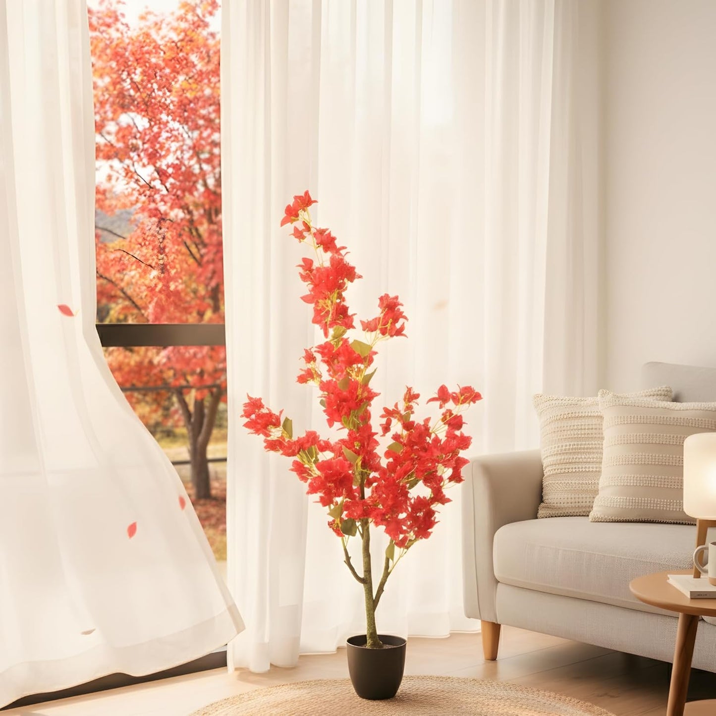Artificial Cherry Bougainvillea Plant Realistic Faux Flowering Tree with Pot (Red)
