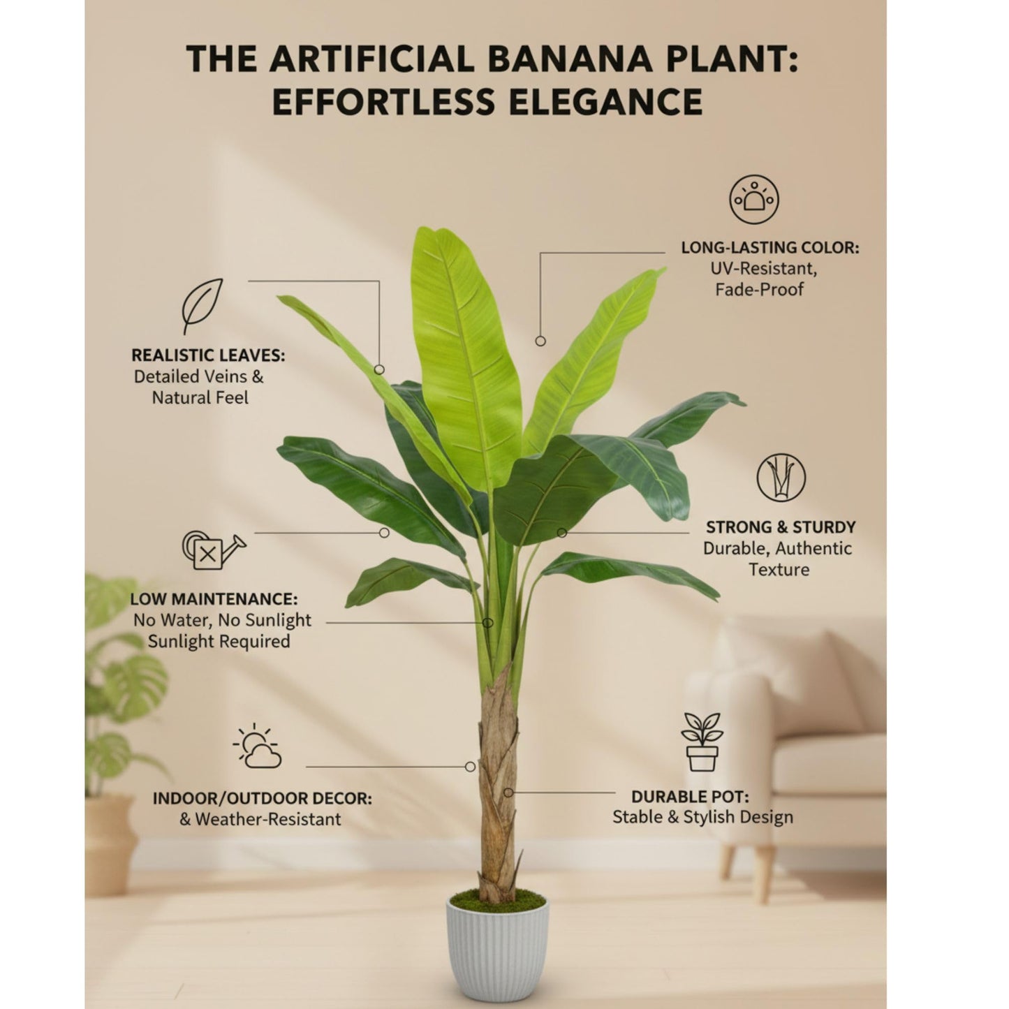 Artificial Banana Tree with Pot for Living Room, Balcony, and Office