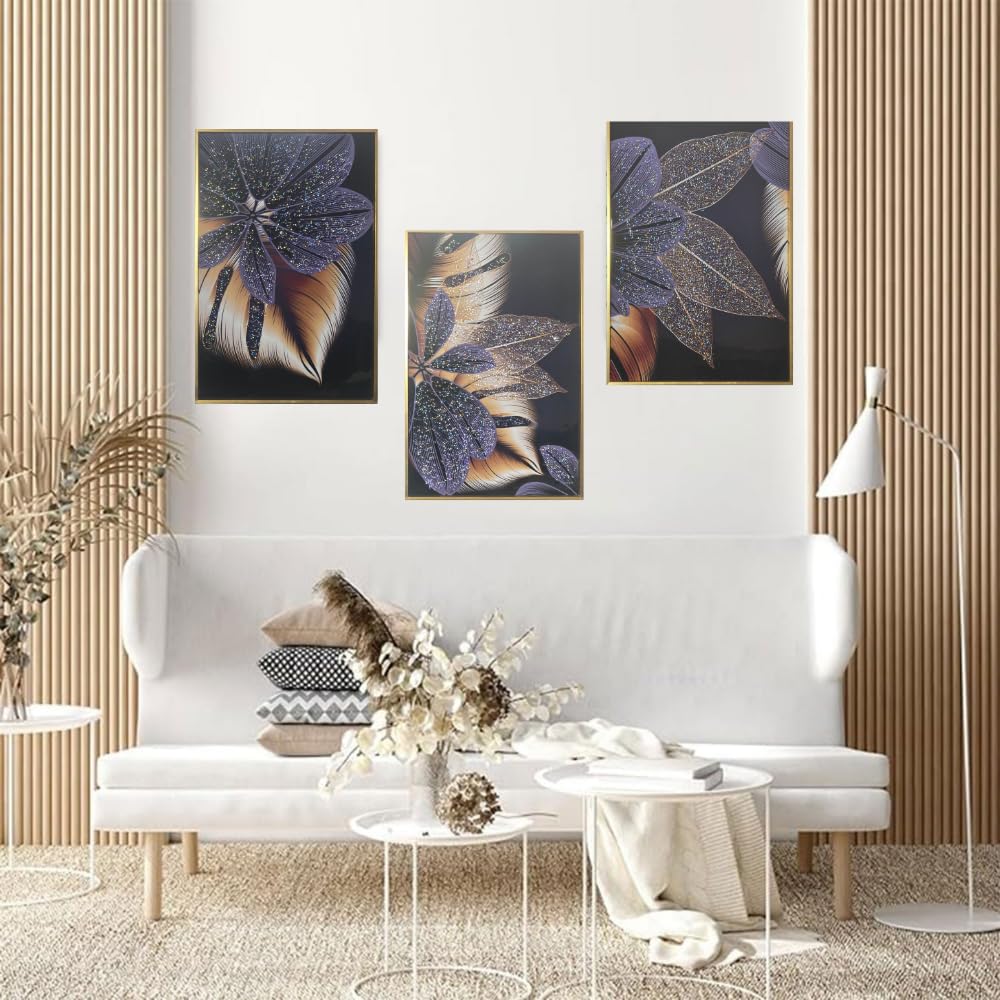 Crystal Painting for Wall Decoration with Golden Frame, Size- 41 X 61 Cm-  Crystal Flowers Design Set of 3