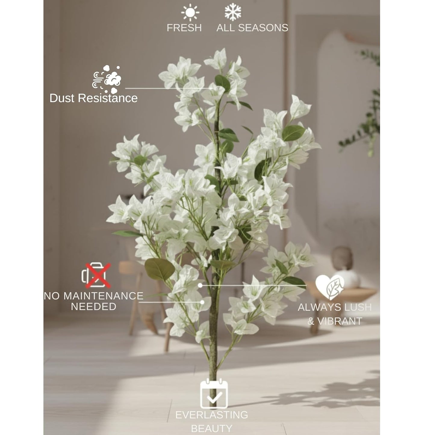 Artificial Cherry Bougainvillea Plant Realistic Faux Flowering Tree with Pot (White)