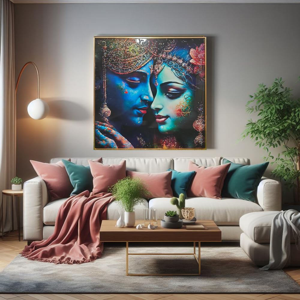 Crystal Painting for Wall Decoration with Golden Frame, Size- 81 X 81 Cm- Crystal Radha Krishna